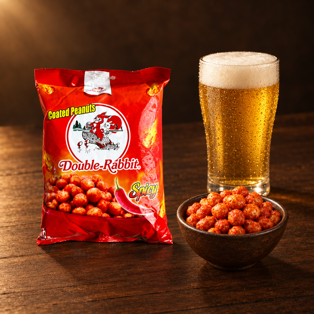 Dua Kelinci Kacang Shanghai Spicy 150 g – Packung mit Schälchen und Bier
