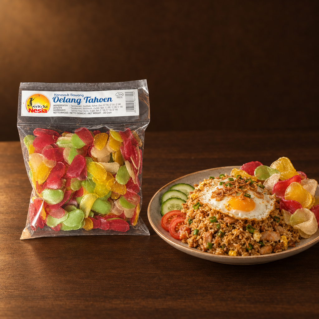Kerupuk Bawang Oelang Tahoen 250g – Packung mit Nasi Goreng und Krupuk
