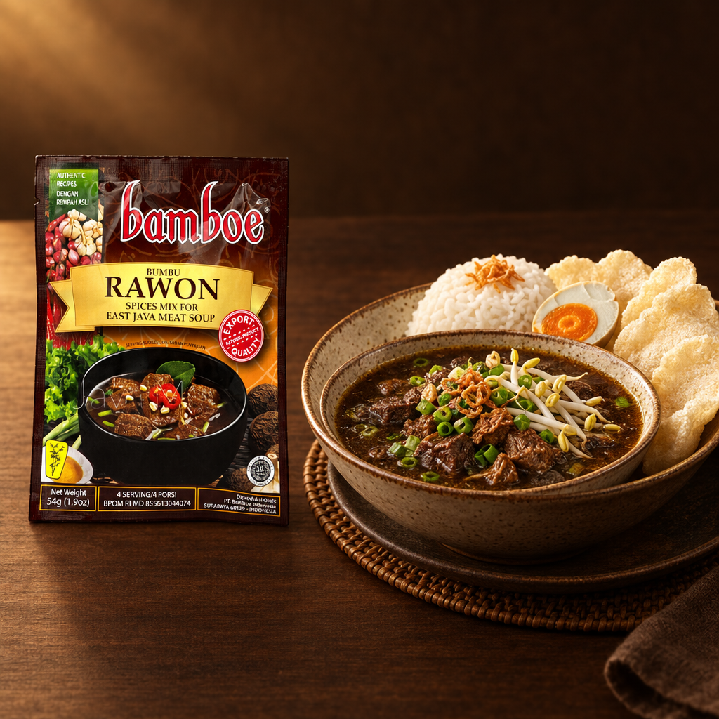 Bamboe Bumbu Rawon 54 g – Packung mit Rawon-Reisteller