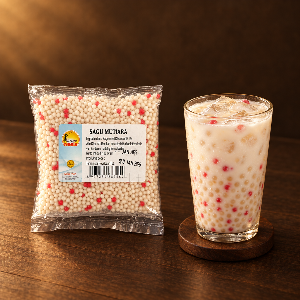 Sagu Mutiara – Packung mit Eisgetränk und Sagoperlen