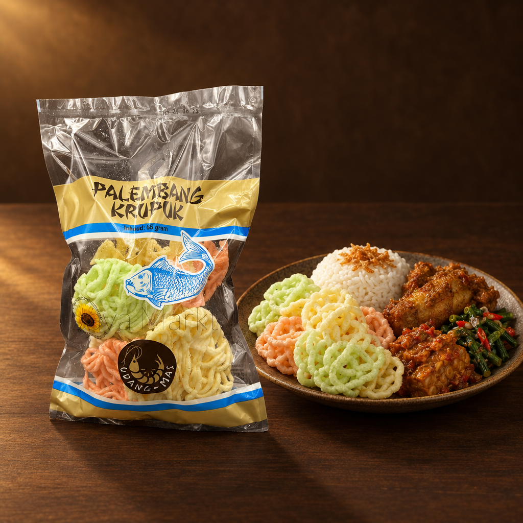 Udang Mas Kerupuk Palembang Warna – Packung mit Reisteller und Crackern