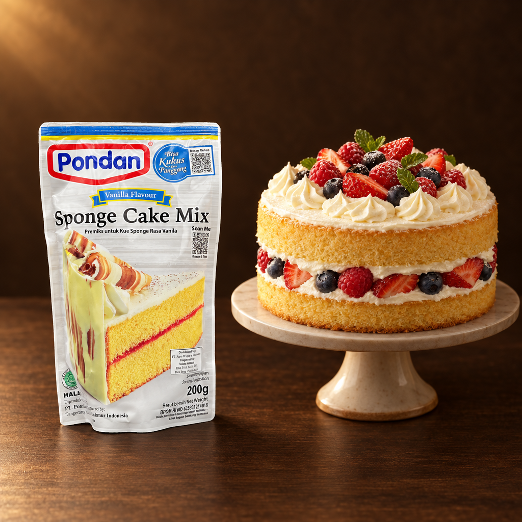 Pondan Sponge Cake Mix Vanilla 400g – Packung mit Sahnetorte und Beeren