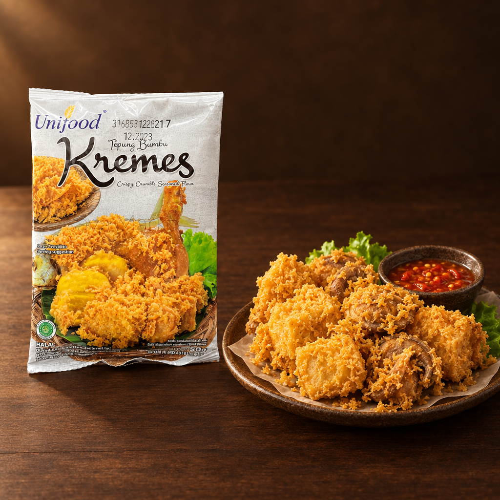 Unifood Tepung Bumbu Kremes – Packung mit knusprigem Tofu und Pilzen