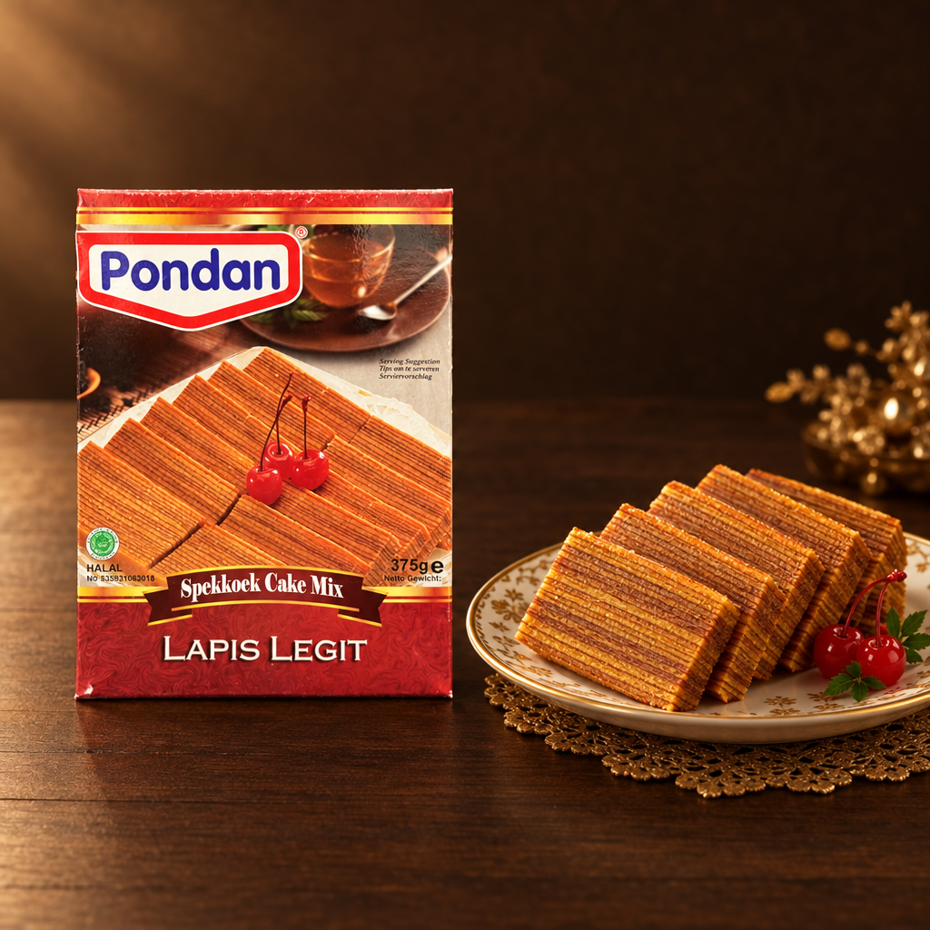 Pondan Lapis Legit Backmischung 400g – Packung mit festlich angerichtetem Lapis Legit