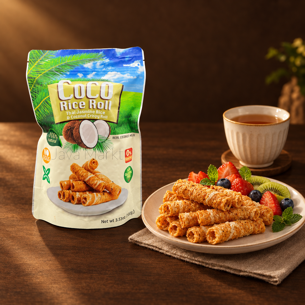 Coco Crispy Rice Roll Coconut 100 g – Packung mit Snackteller und Tee