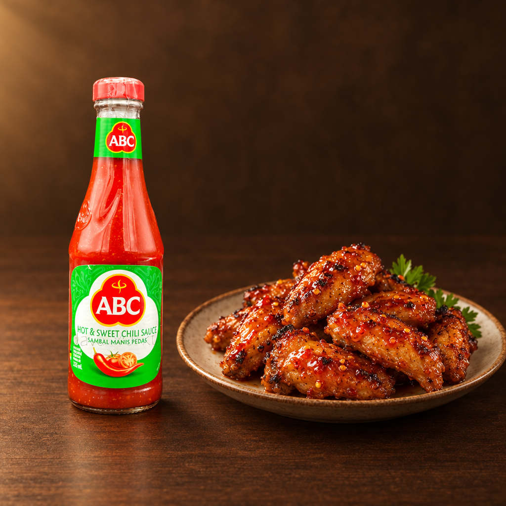 ABC Sambal Manis Pedas 335 ml – Flasche mit glasierten Hähnchenflügeln