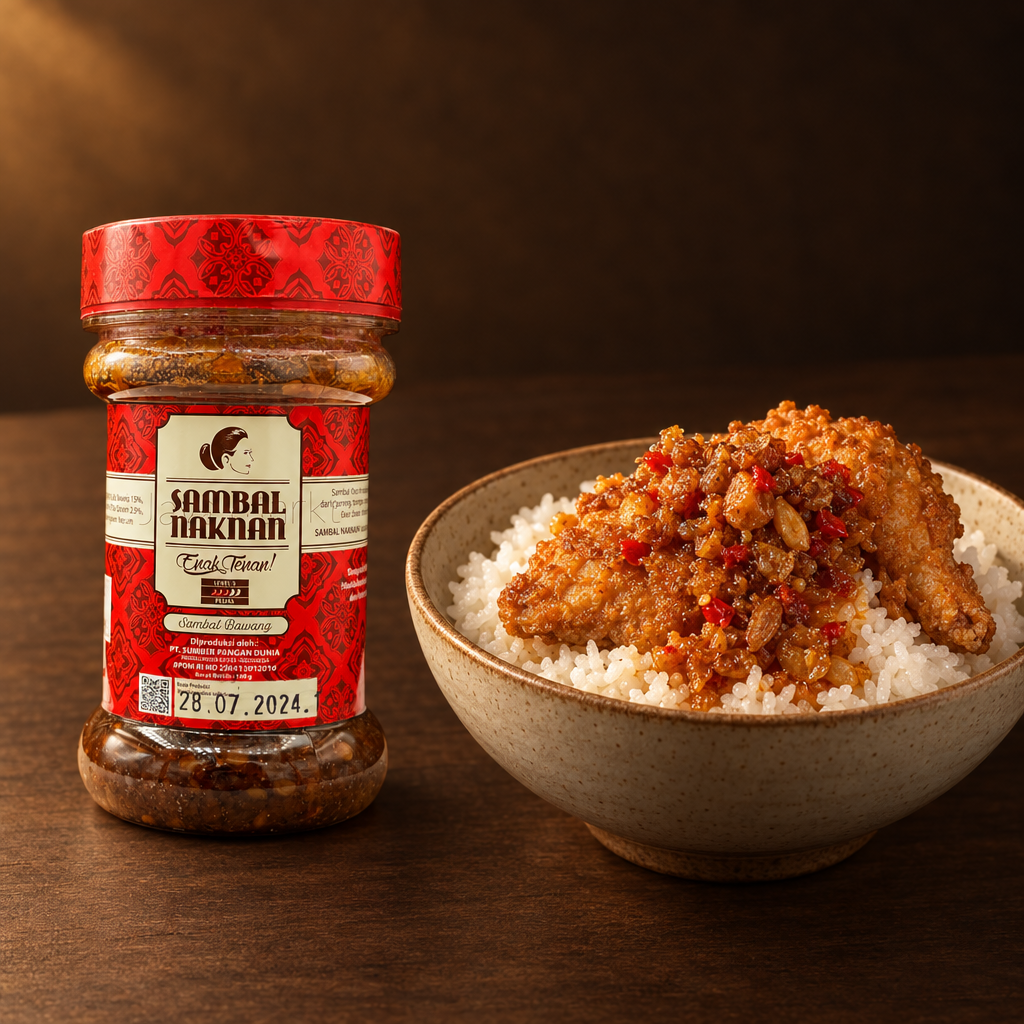Sambal NAKNAN Sambal Bawang Level 3 – Glas mit Reis und Hähnchen