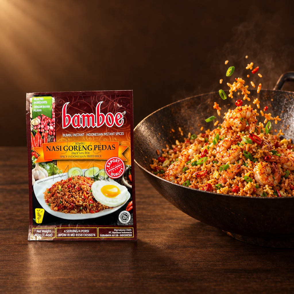 Bamboe Bumbu Nasi Goreng Pedas 40 g – Packung mit Wok voller Bratreis