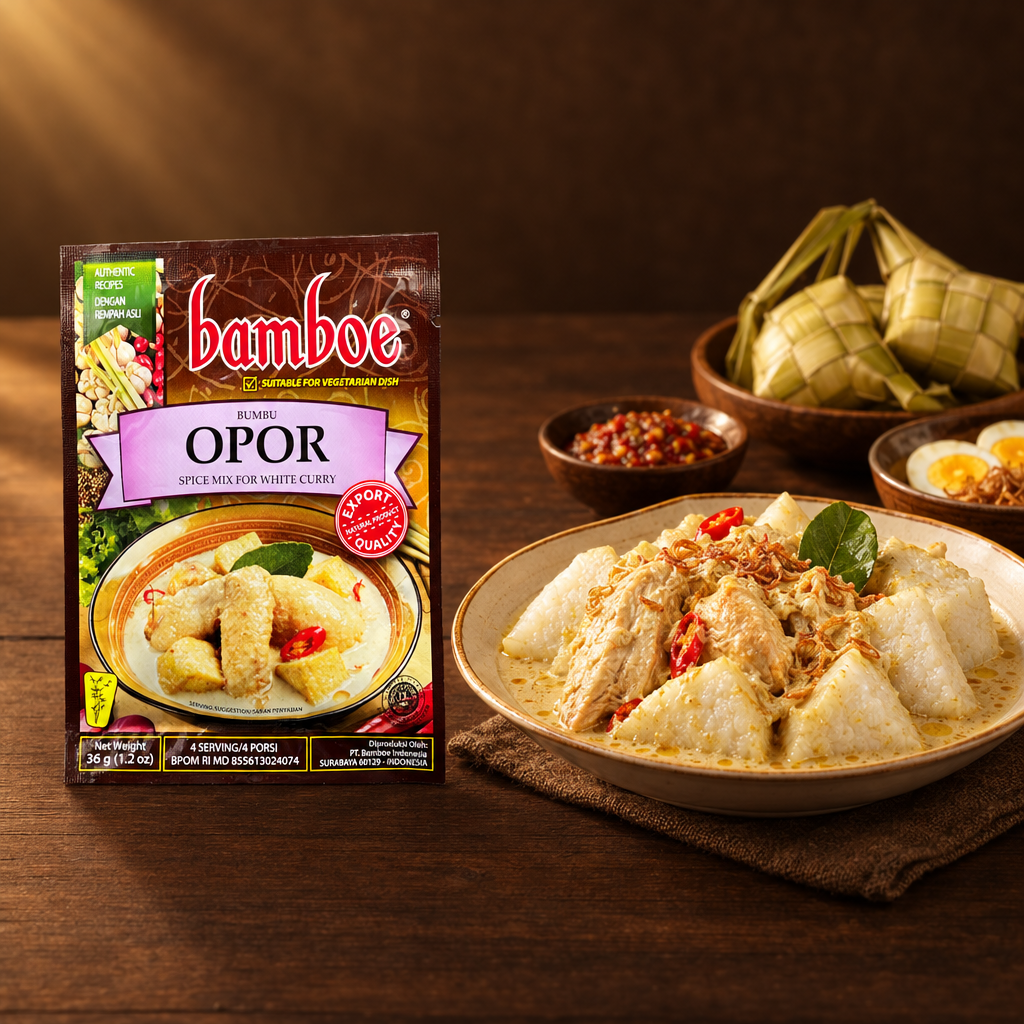 Bamboe Bumbu Opor 36 g – Packung mit Ketupat und Opor