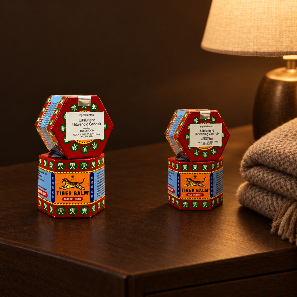 Tiger Balsam Gosok Merah 30g – Dose auf dem Nachttisch