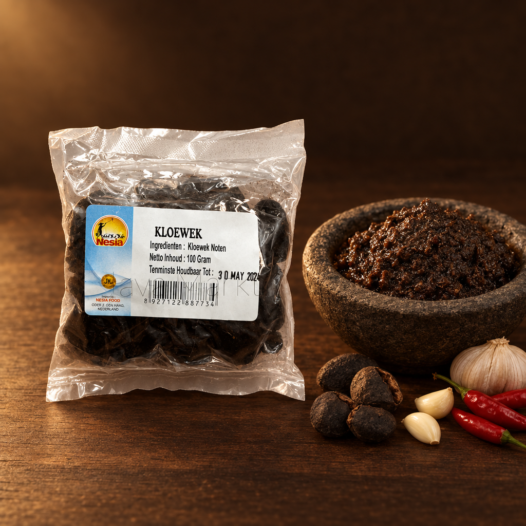 Kluwek 100g – Packung mit Kluwek-Paste im Mörser