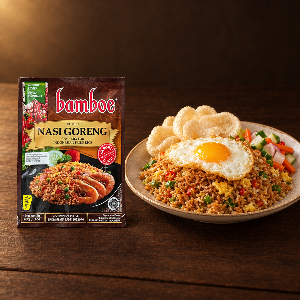 Bamboe Bumbu Nasi Goreng 67 g – Packung mit Nasi Goreng, Spiegelei und Krupuk