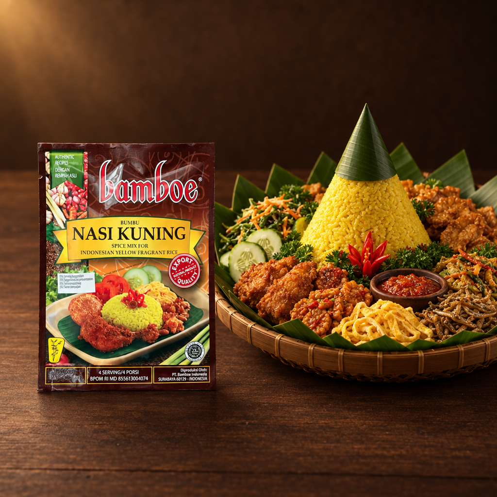 Bamboe Bumbu Nasi Kuning 50 g – Packung mit Tumpeng und Beilagen