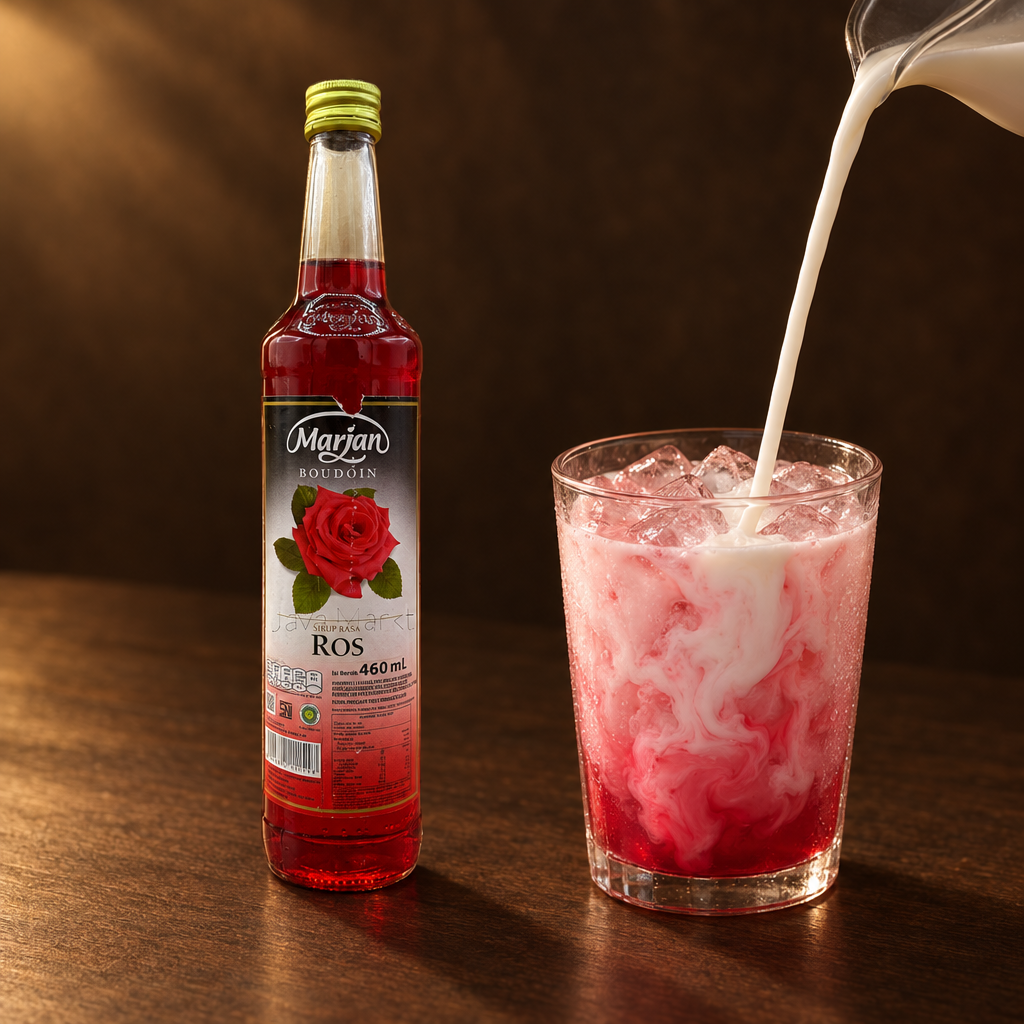 Marjan Rosen Sirup 460ml – Flasche mit Rosen-Milchgetränk