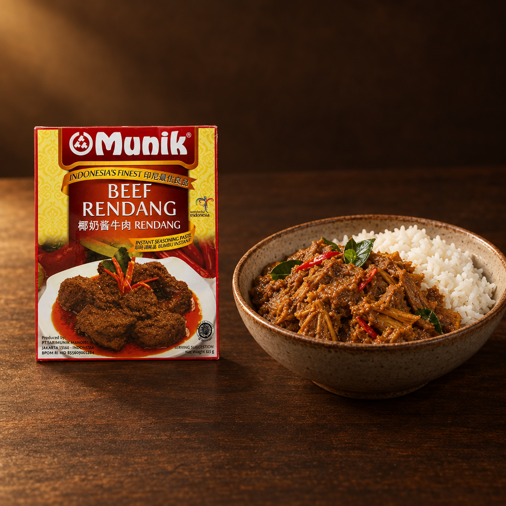 Munik Bumbu Rendang 115g – Packung mit vegetarischem Rendang und Reis