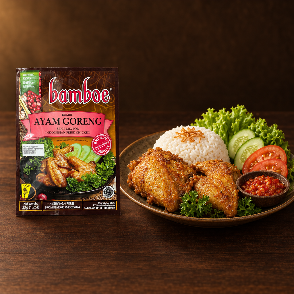 Bamboe Bumbu Ayam Goreng 33 g – Packung mit komplettem Reisteller