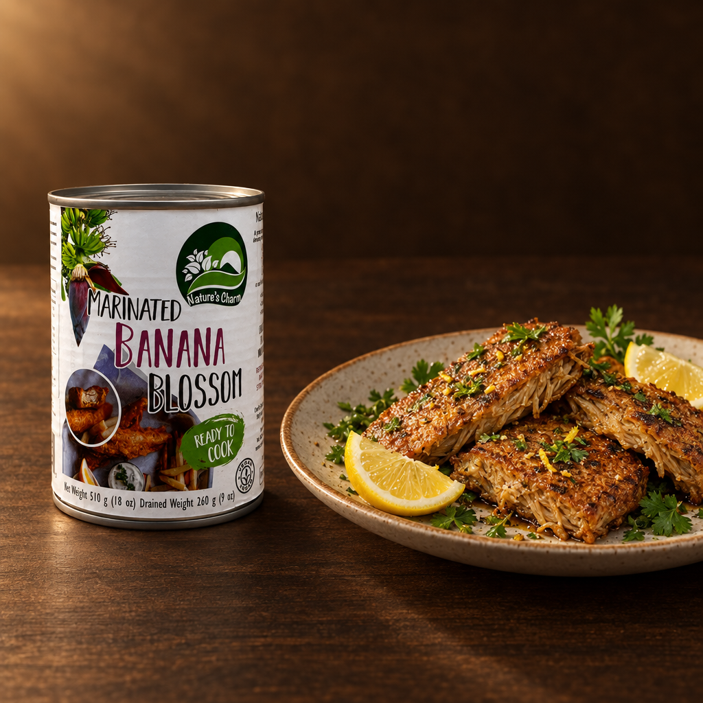 Nature's Charm Bunga Pisang Marinasi 510 g – Dose mit veganem Fisch-Ersatz