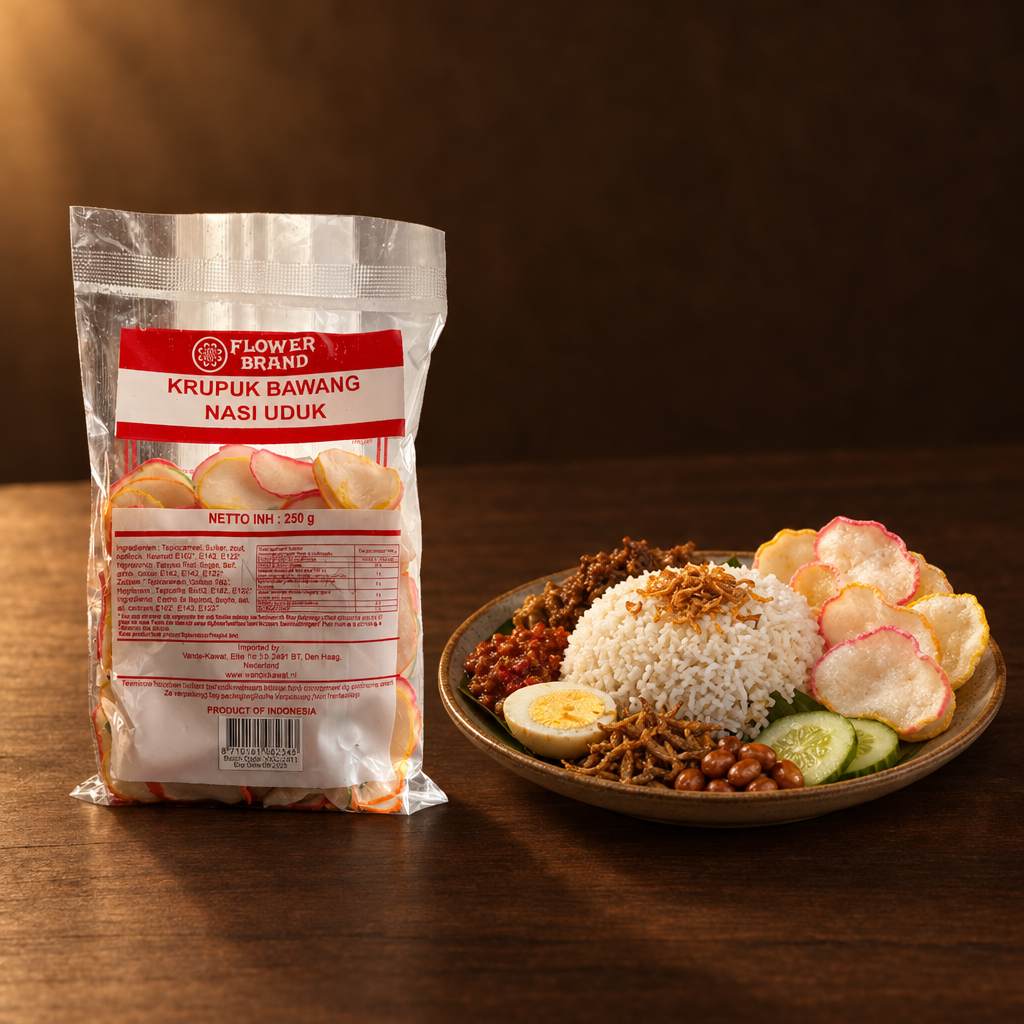 Kerupuk Bawang Nasi Uduk Flower Brand 250g – Packung mit Nasi Uduk und Krupuk