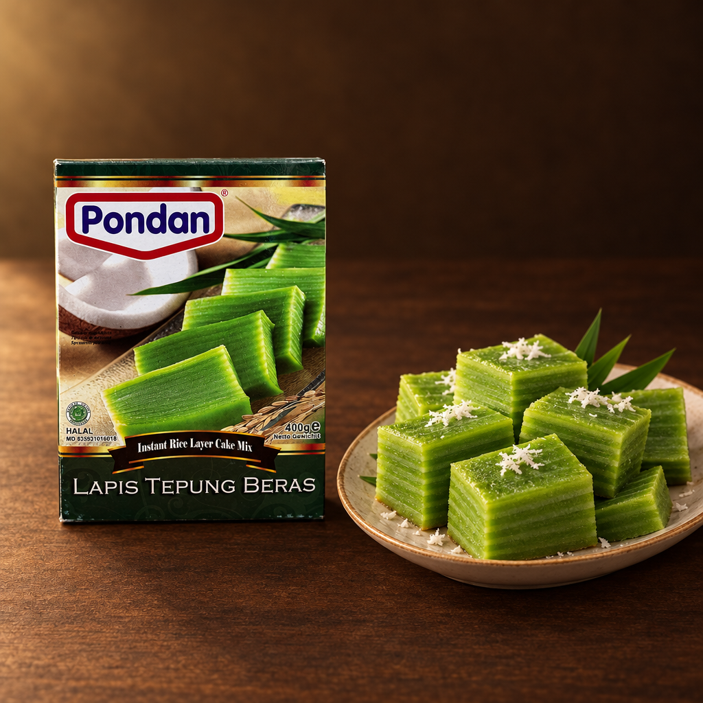 Pondan Lapis Tepung Beras Backmischung 400g – Packung mit bunten Kue-Lapis-Stücken