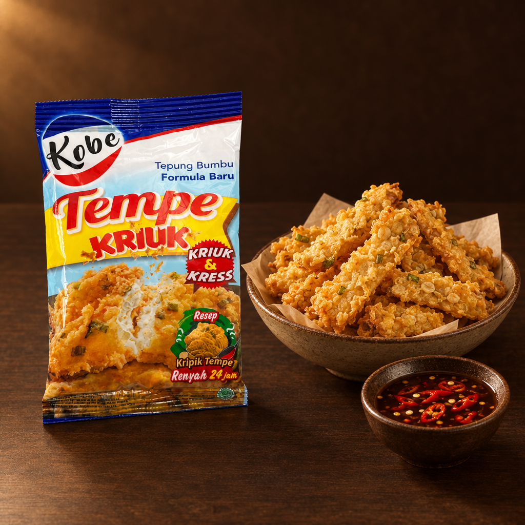 Kobe Tempe Kriuk 72g – Packung mit knusprigem Tempeh und Dip