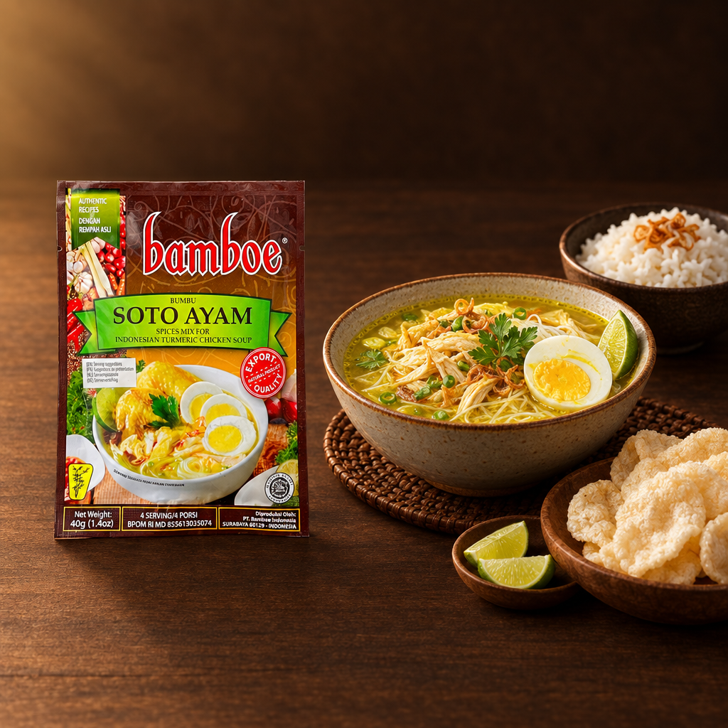 Bamboe Bumbu Soto Ayam 40 g – Packung mit komplettem Soto-Gedeck