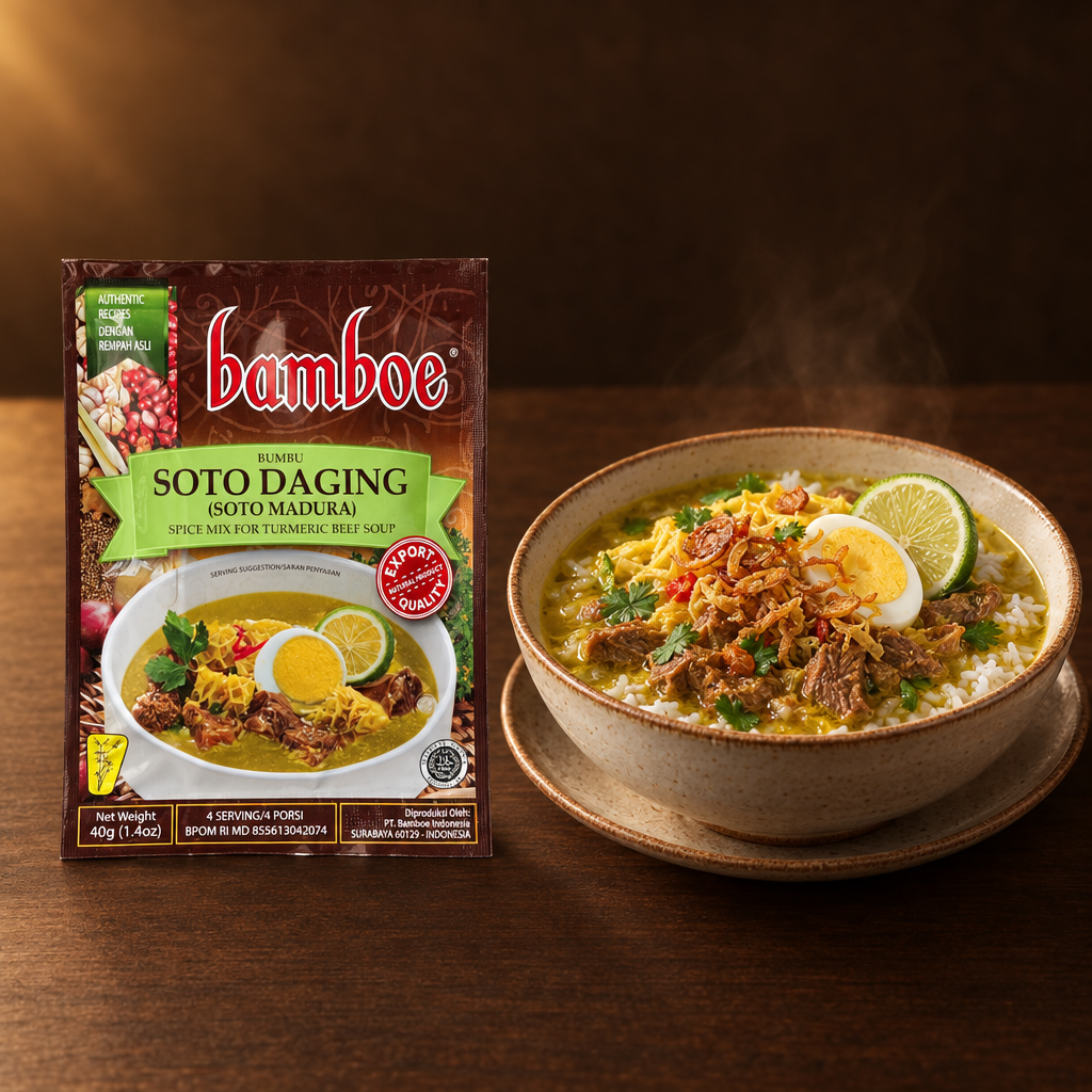 Bamboe Bumbu Soto Daging Khas Madura 40 g – Packung mit Reisteller und Soto