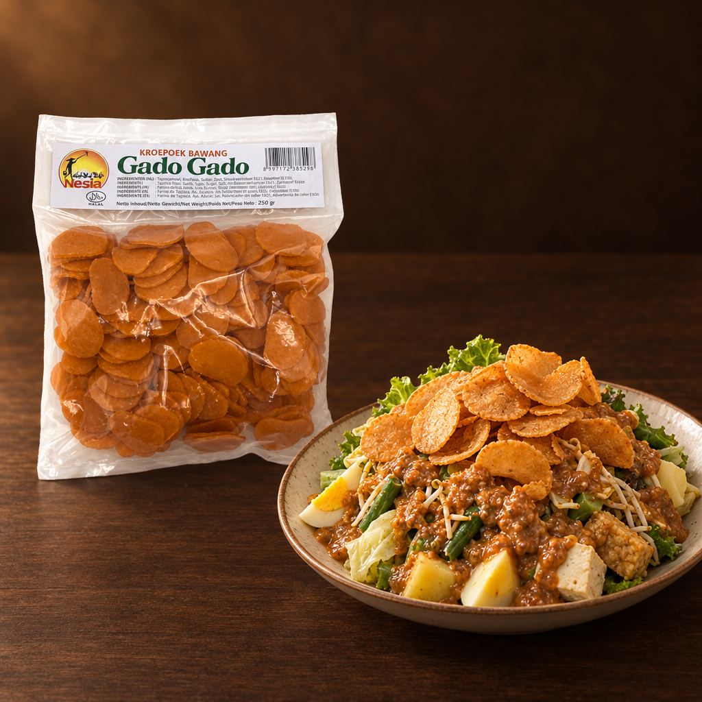 Kerupuk Bawang Gado Gado 250g – Packung mit Gado-Gado und Krupuk