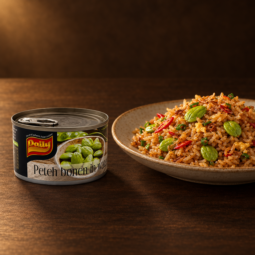Pete Bohnen (Petai) in Salzlake – Glas mit Nasi Goreng Petai