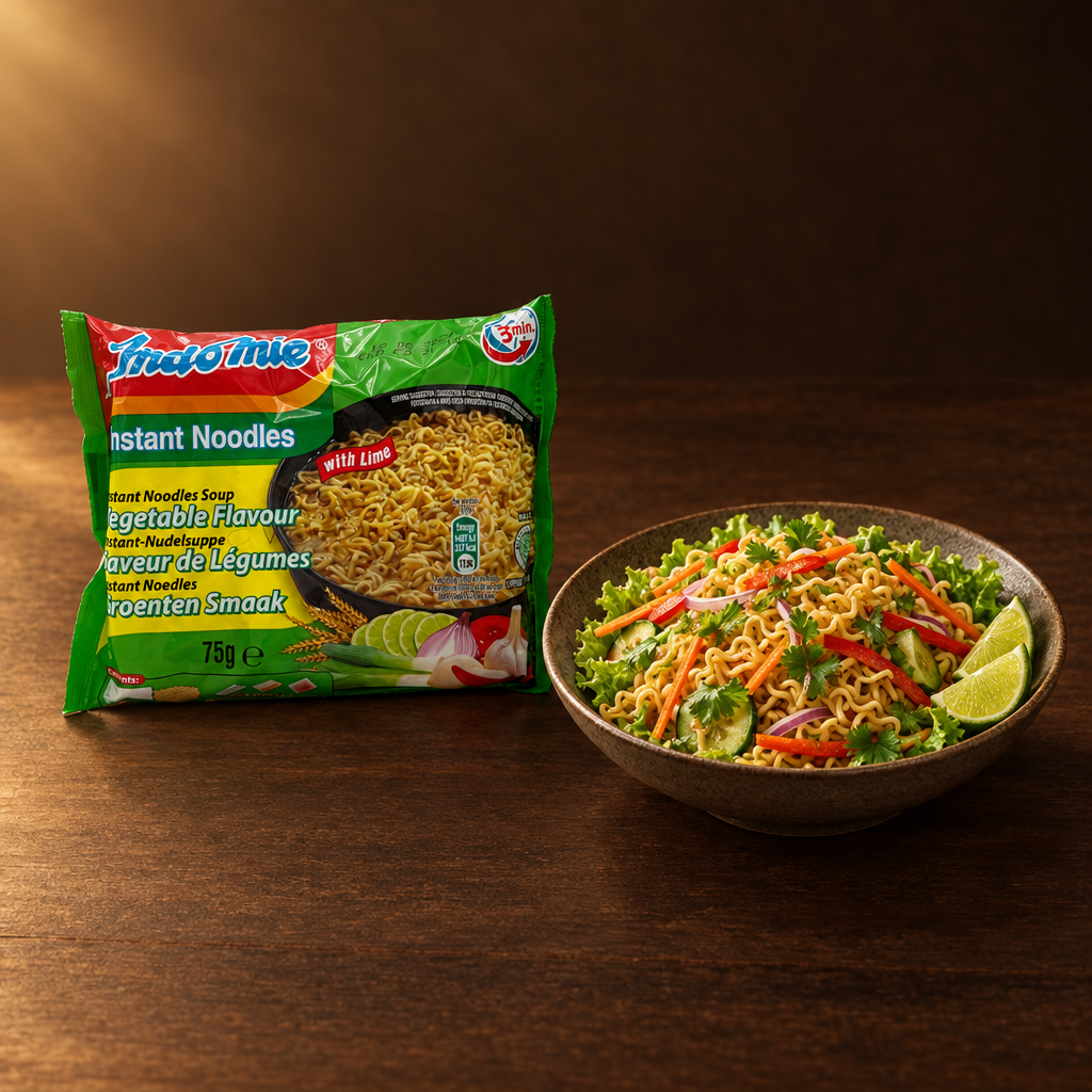 Indomie Vegetables Flavours with Lime 85 g – Packung mit kaltem Nudelsalat