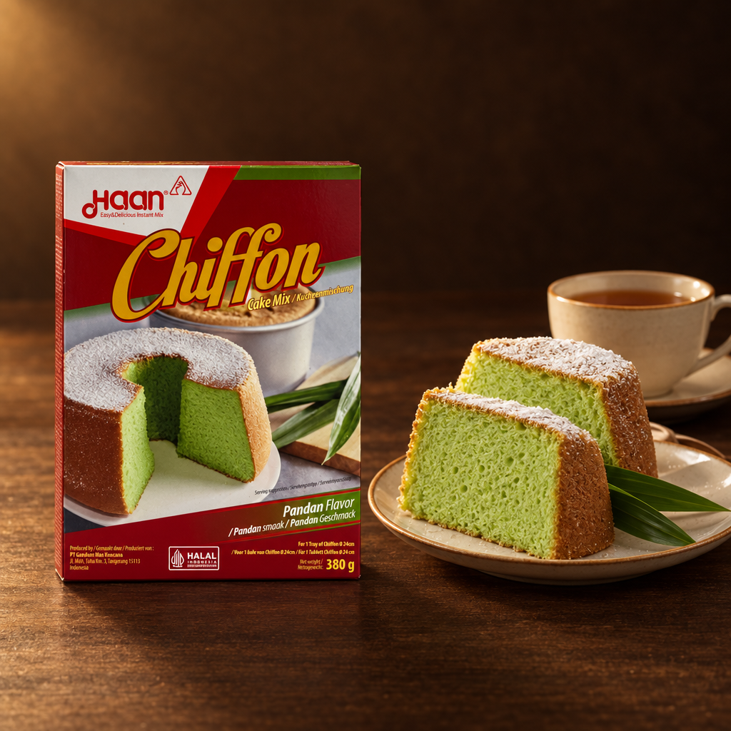 Haan Chiffon Pandan Cake Mix 380 g – Packung mit Kuchenstücken und Tee