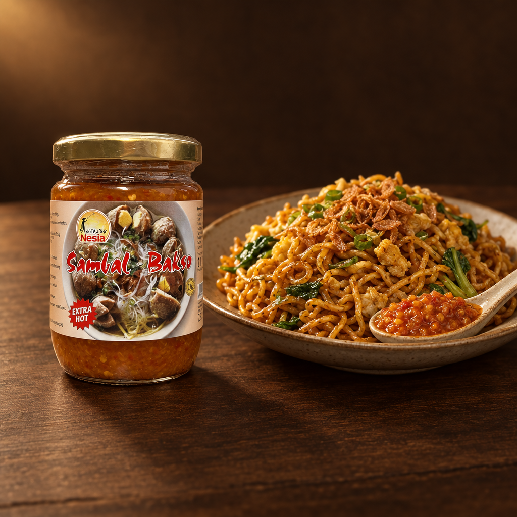 Sambal Bakso Extra Hot – Glas mit Bratnudeln und Sambal