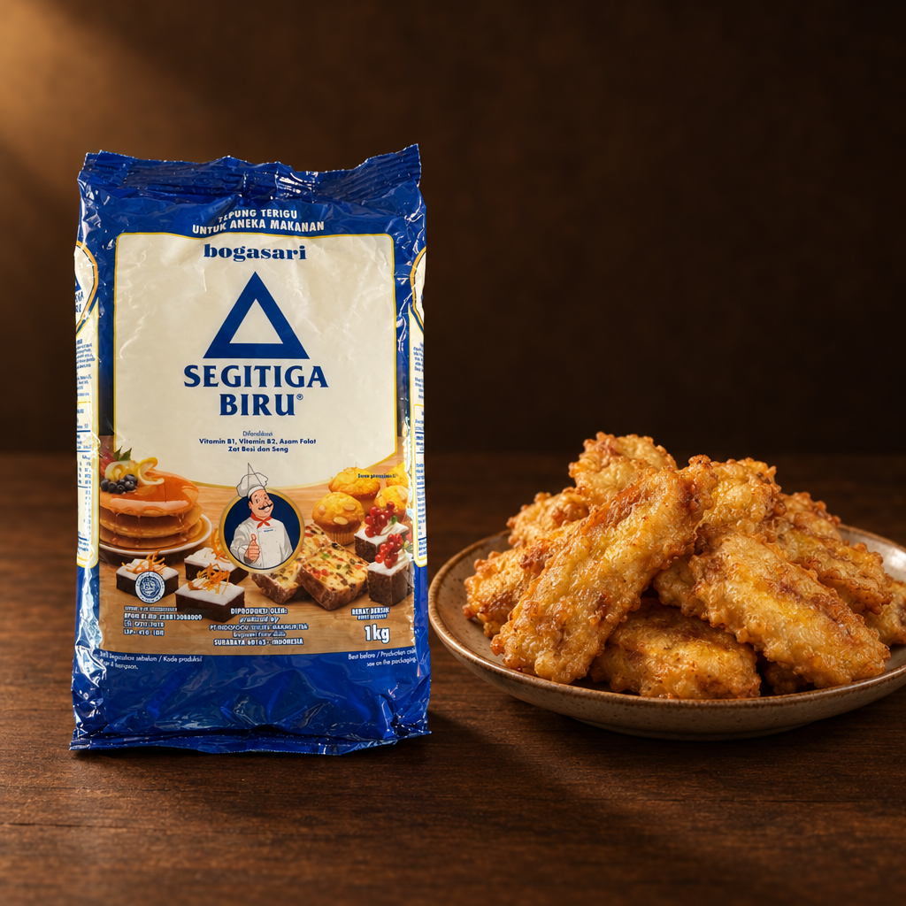 Bogasari Segitiga Biru 1 kg – Packung mit frittierten Bananen