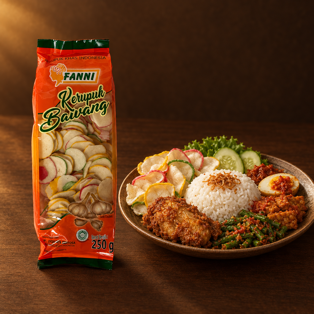 Fanni Kerupuk Bawang Warna 250 g – Packung mit festlichem Reisteller