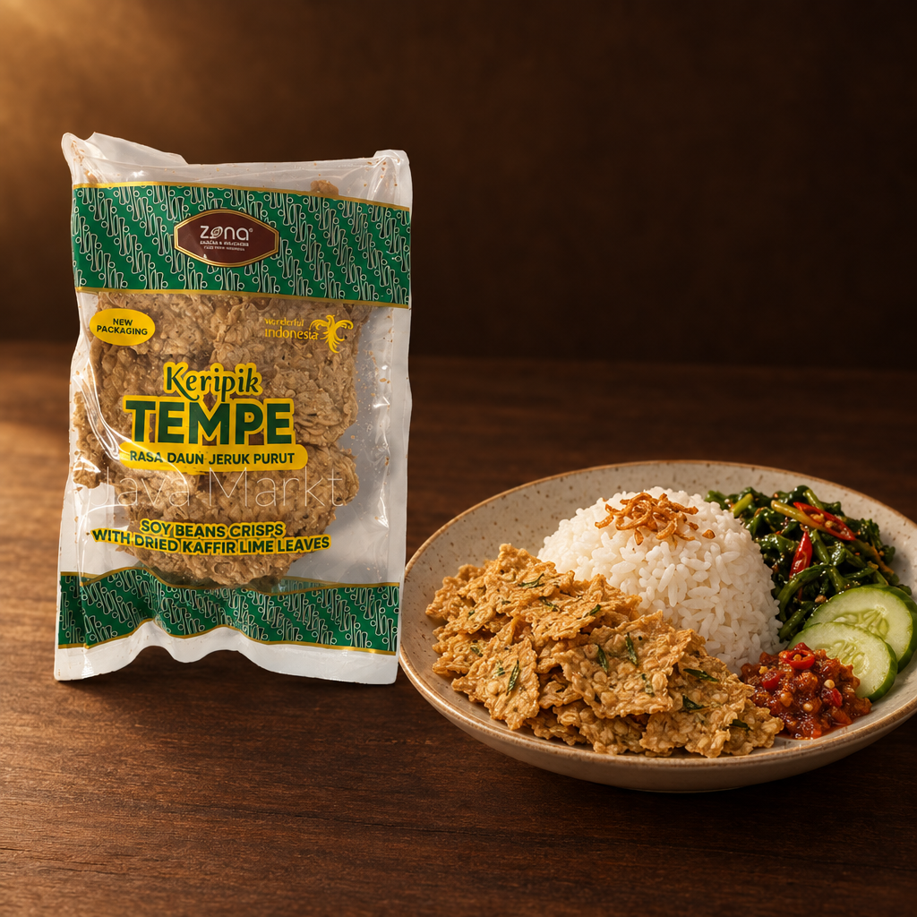 Keripik Tempe Rasa Daun Jeruk Purut 100g – Packung mit Reisgericht und Chips