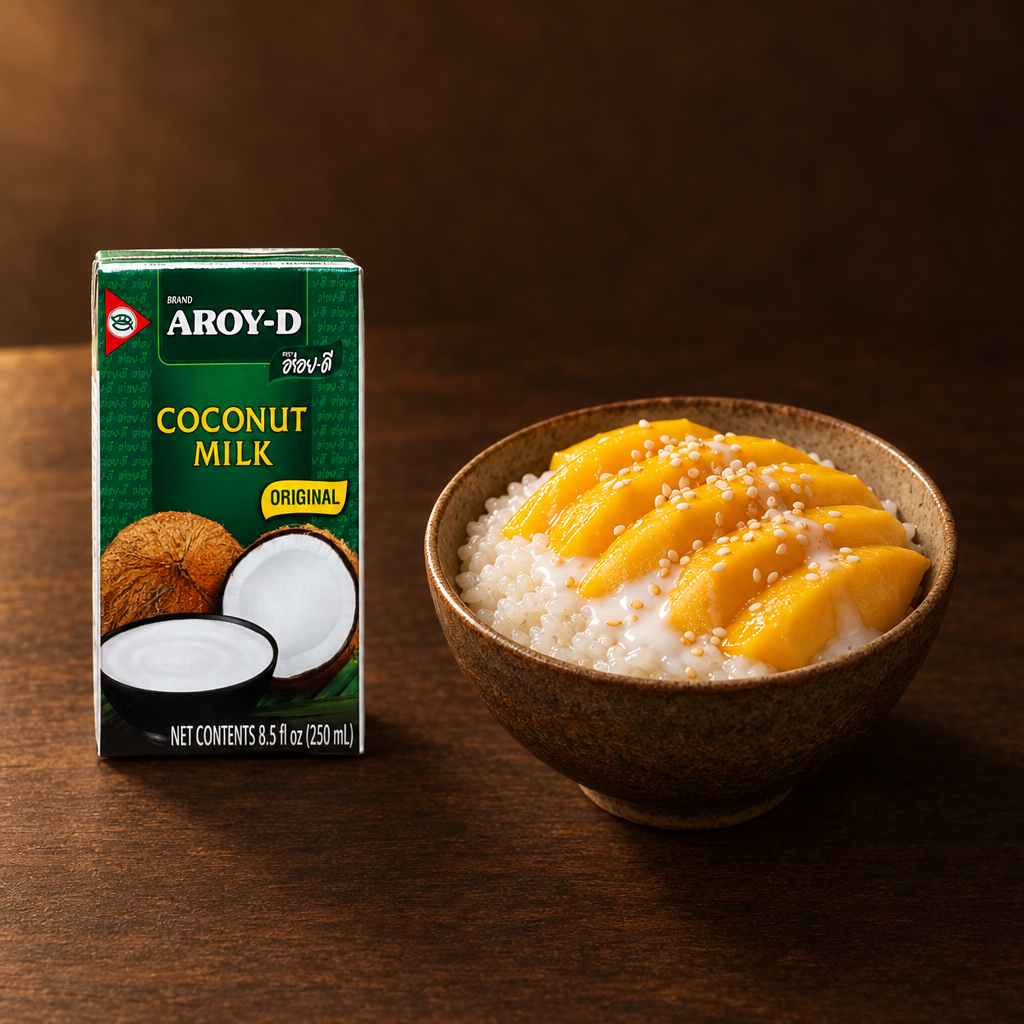Aroy-D Coconut Milk 250 ml – Packung mit Kokos-Milchreis und Mango