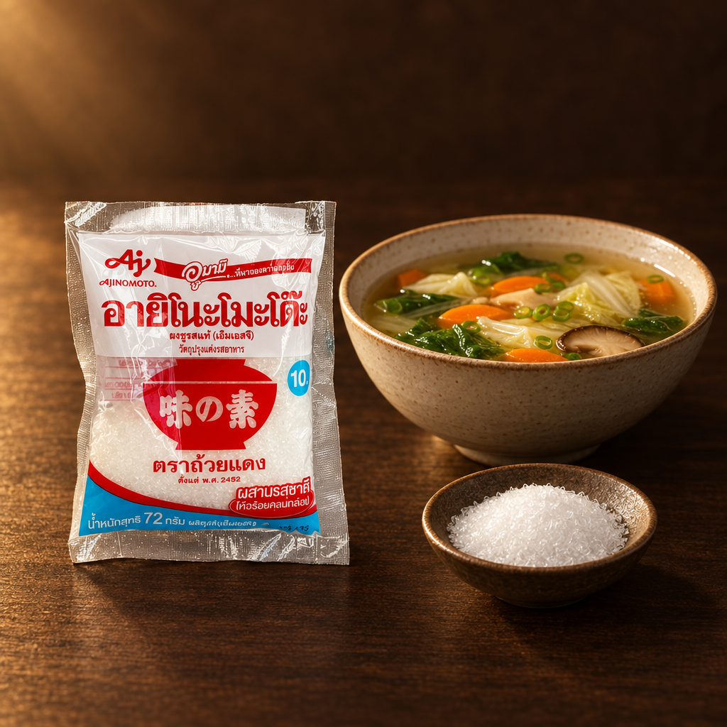 Ajinomoto MSG Glutamat 72 g – Packung mit klarer Brühe