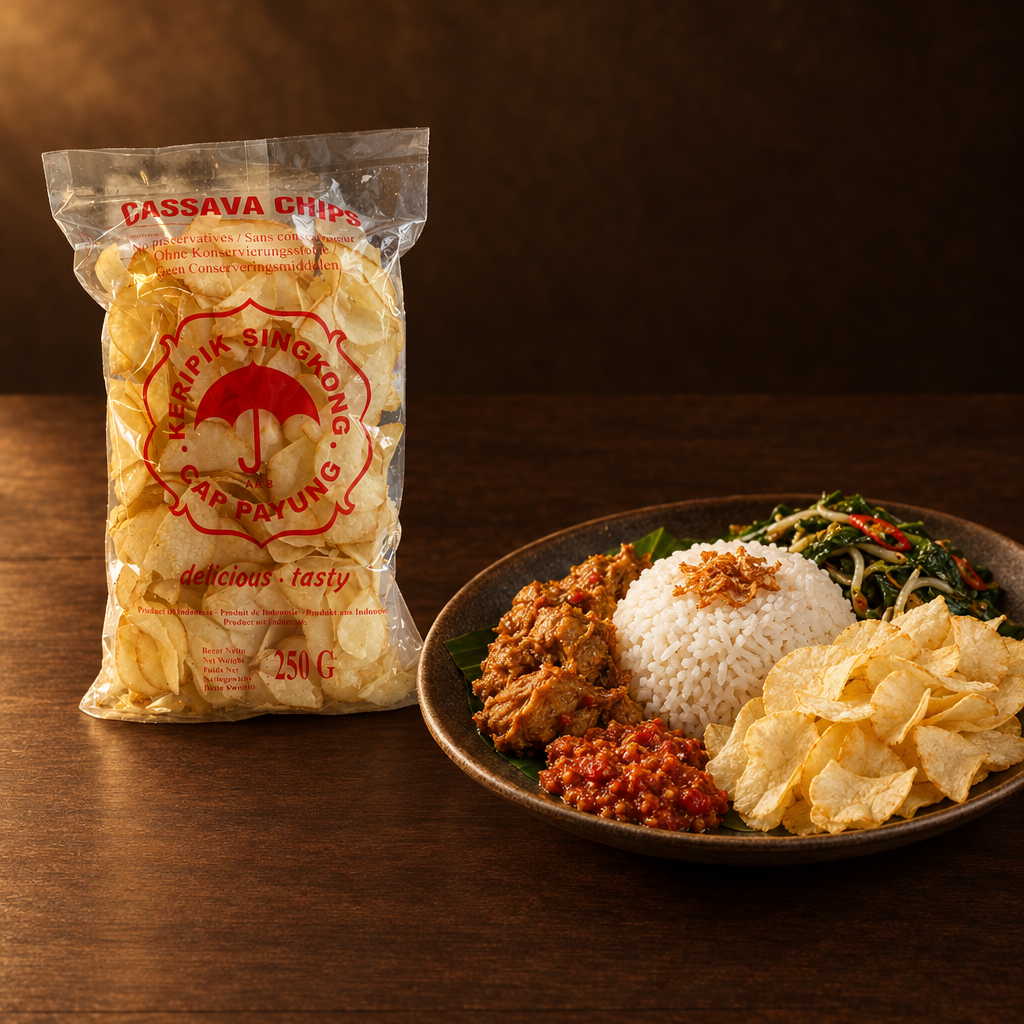 Mirasa Keripik Singkong Original 250 g – Packung mit Reisgericht und Chips