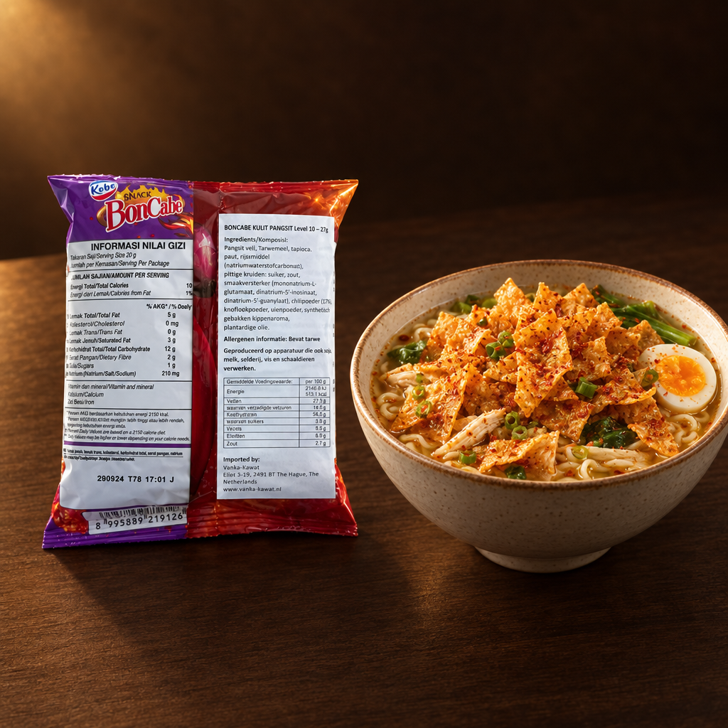 Kobe Snack BonCabe Kulit Pangsit Level 10 – Packung als Topping auf Nudelsuppe