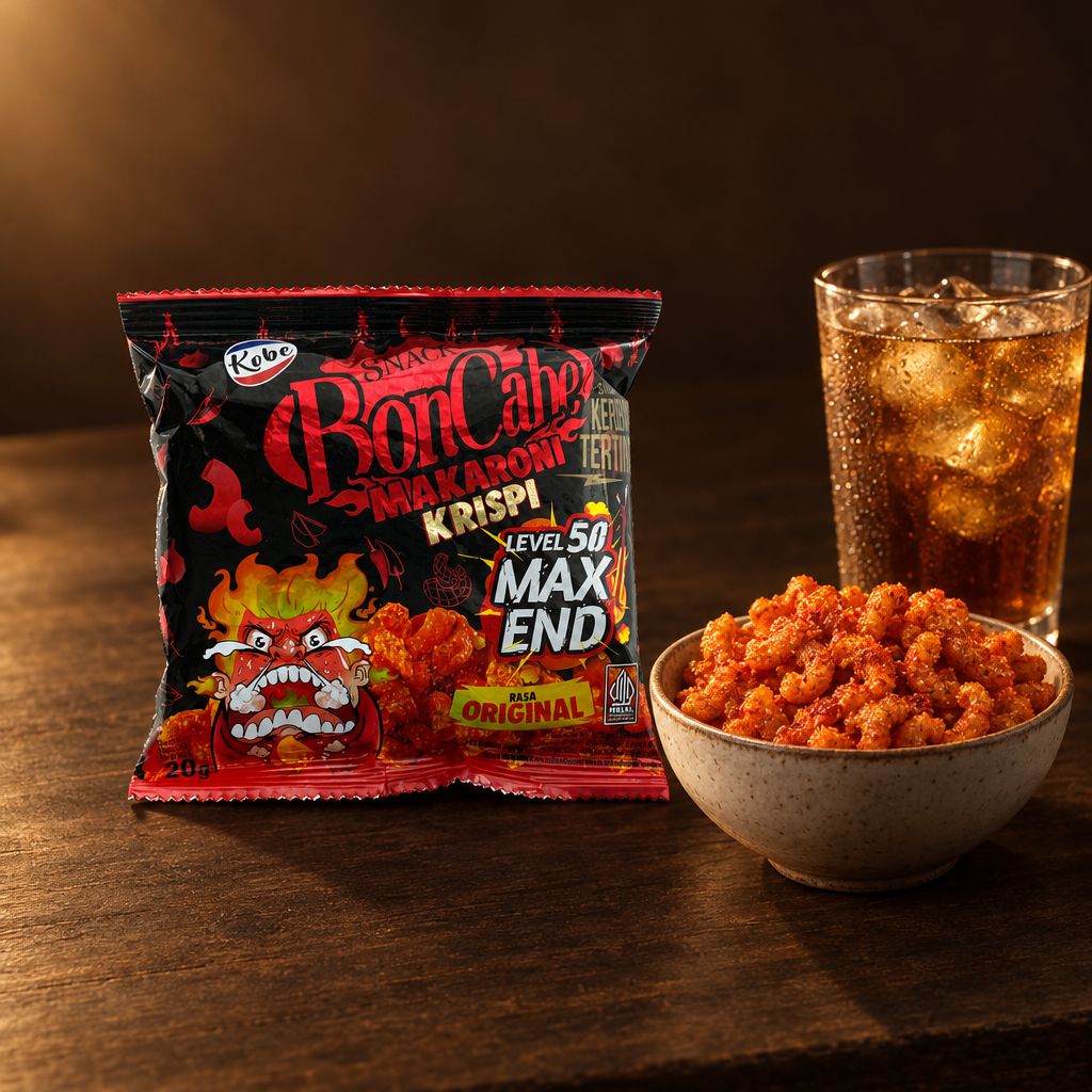 BonCabe Makaroni Krispi Level 50 – Packung mit Snackschale und Getränk
