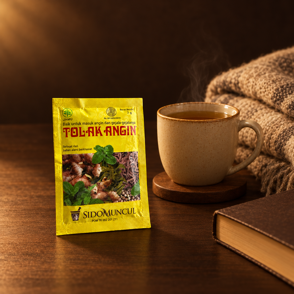 Sidomuncul Tolak Angin Powder 35 g – Packung mit warmem Getränk und Decke