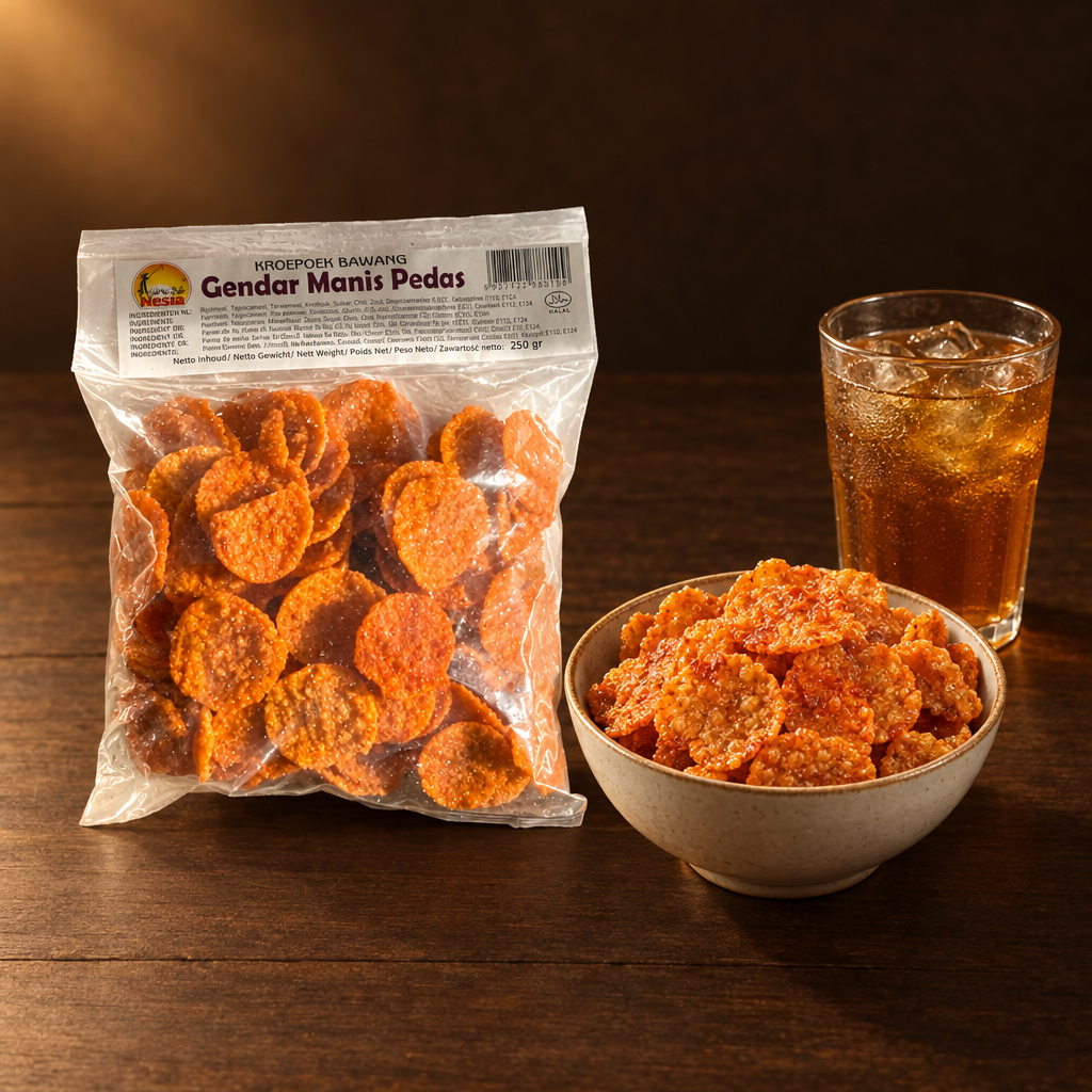Kerupuk Gendar Manis Pedas 250 g – Packung mit Snackschale und Tee