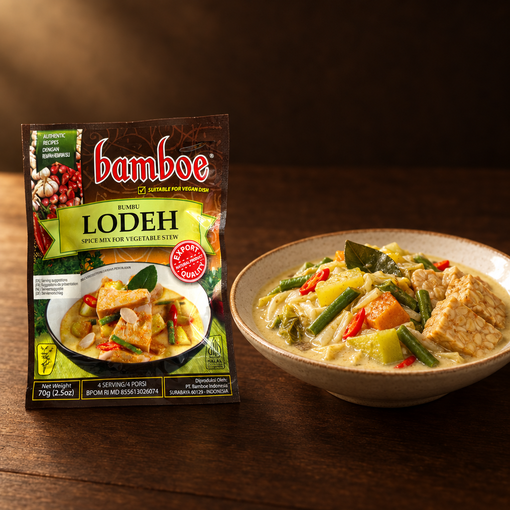 Bamboe Bumbu Lodeh 70 g – Packung mit Reisteller und Sayur Lodeh
