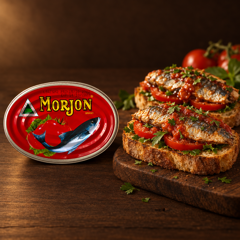 Morjon Sarden in Tomatensauce 215 g – Dose mit Sardinen-Sandwich