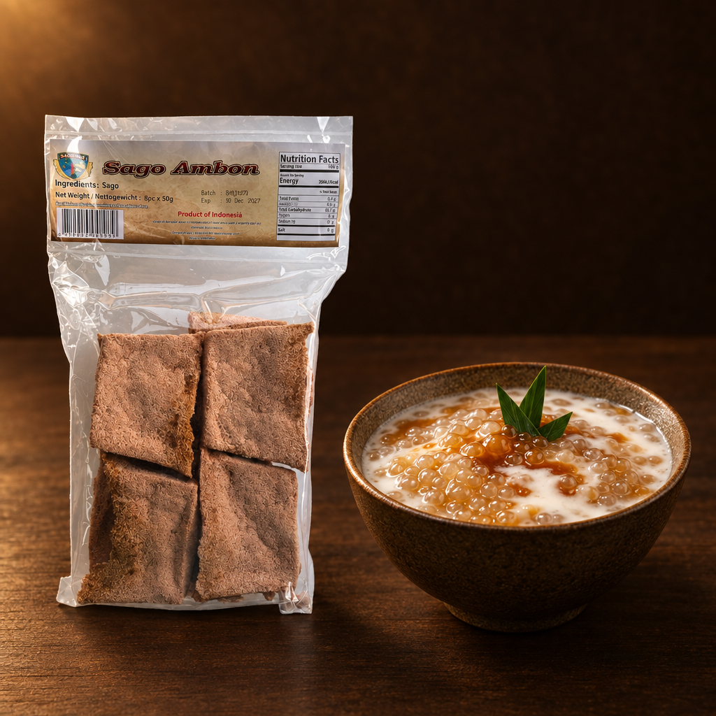 Sago Ambon 500 g – Packung mit warmem Sago-Brei