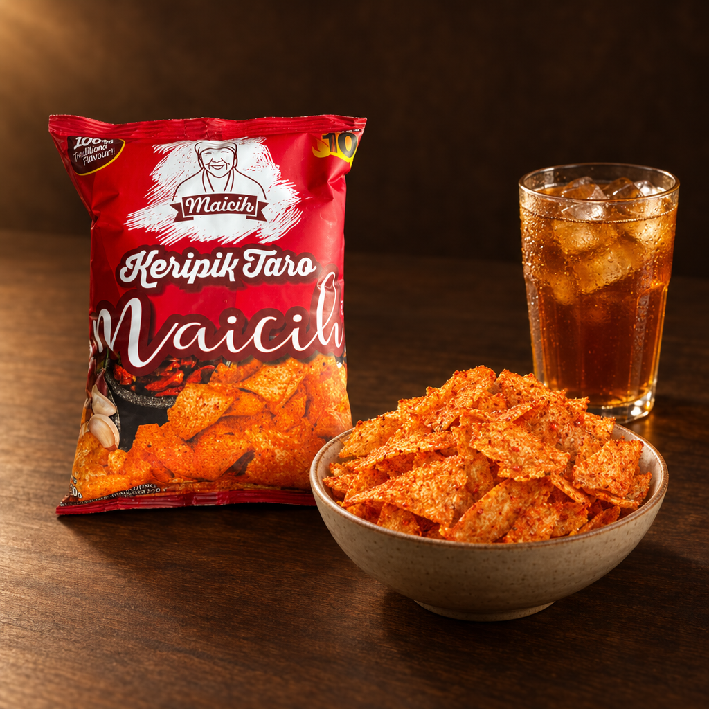 Maicih Keripik Taro Level 10 100 g – Packung mit Snackschale und Eistee