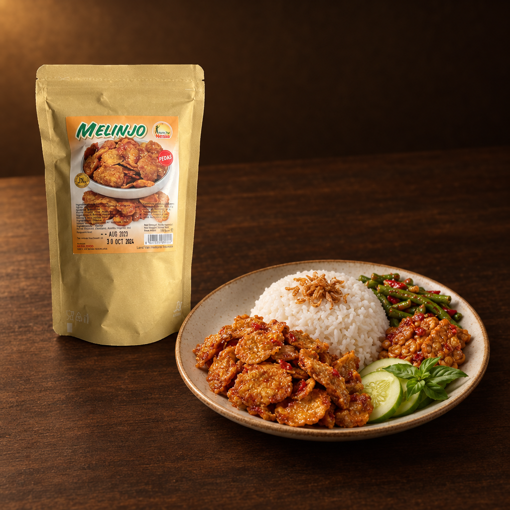 Keripik Melinjo Pedas 100 g – Packung mit Reisteller und Chips