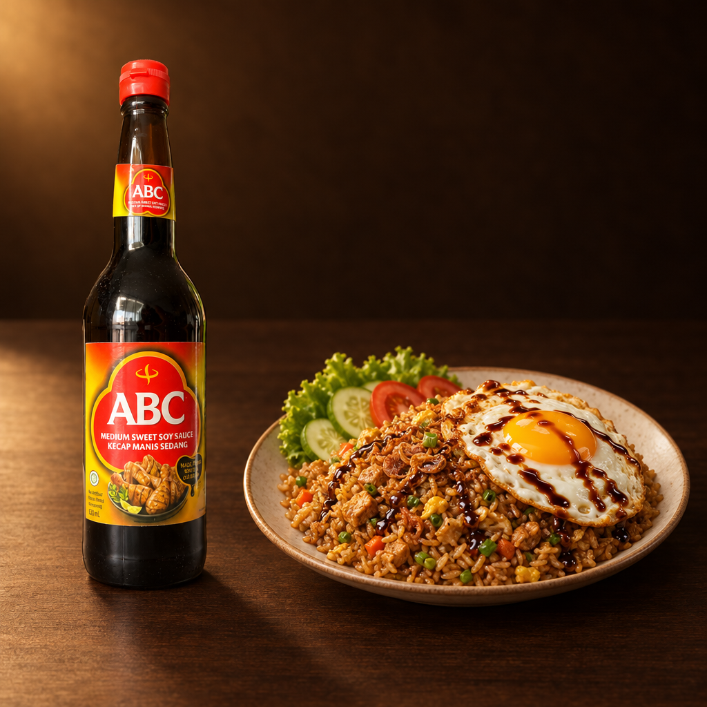 ABC Kecap Manis Sedang 620 ml – Flasche mit Nasi Goreng und Spiegelei