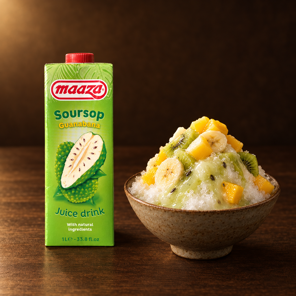 Maaza Sirup Sirsak 1 L – Flasche mit Shaved-Ice-Dessert
