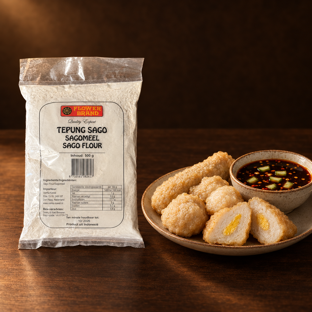 Tepung Sagu Flower Brand 500 g – Packung mit Pempek und Sauce
