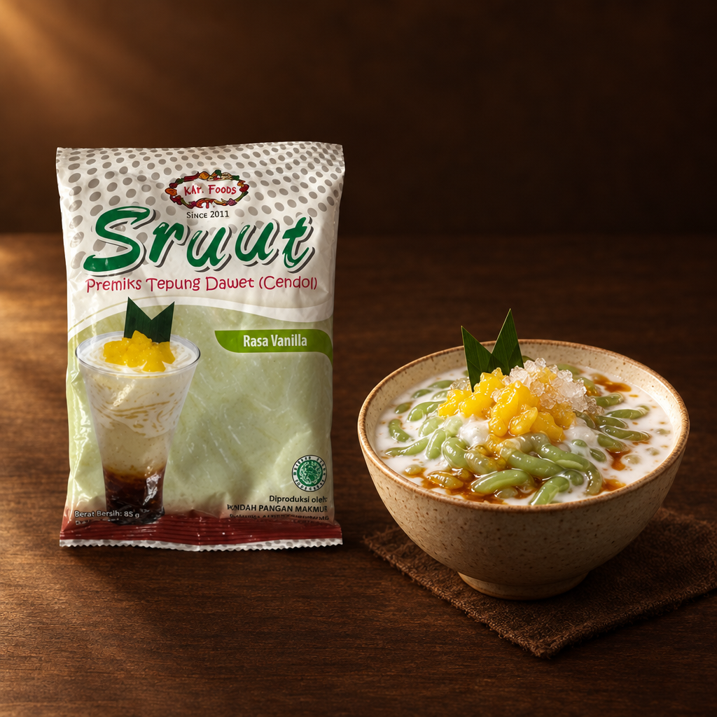 Sruut Tepung Dawet Cendol Rasa Vanilla 85 g – Packung mit warmem Dawet